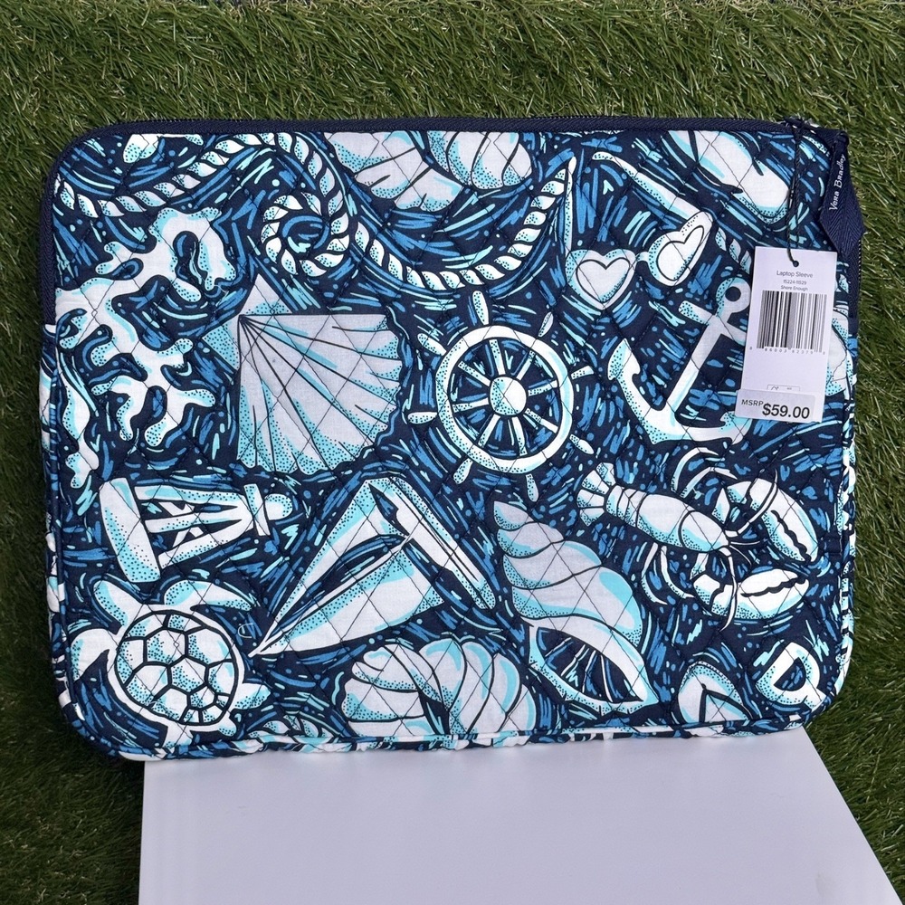 Vera Bradley Laptop Sleeve Shore Enough Blue Quilted Nautical Bag Case 14" NWT